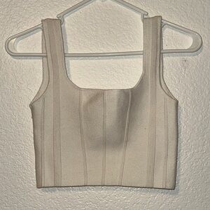 Amenah Ribbed Square-Neck Knit Corset Crop Top in Off-White